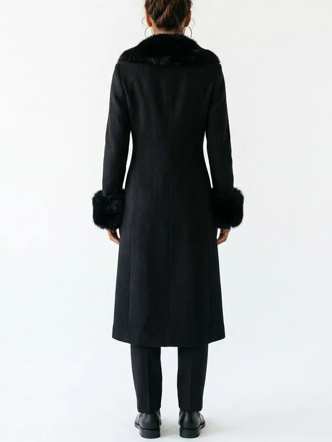 Black Wool Blend Coat with Faux Fur Collar and Cuffs - Coats