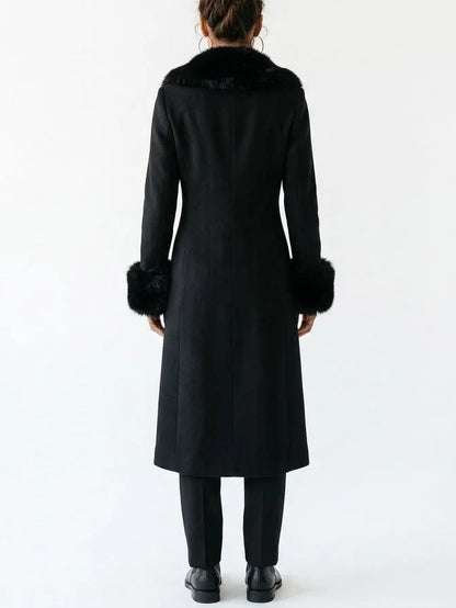 Black Wool Blend Coat with Faux Fur Collar and Cuffs - Coats