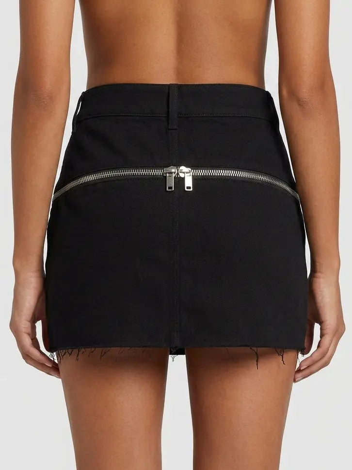 Black Wool Blend Frayed Zip Detail Mini Skirt - Skirts
