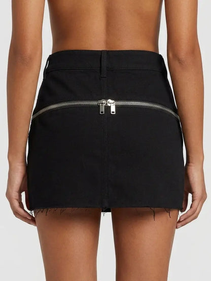 Black Wool Blend Frayed Zip Detail Mini Skirt - Skirts