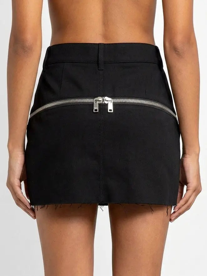 Black Wool Blend Frayed Zip Detail Mini Skirt - Skirts