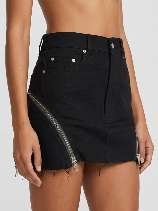 Black Wool Blend Frayed Zip Detail Mini Skirt - Skirts