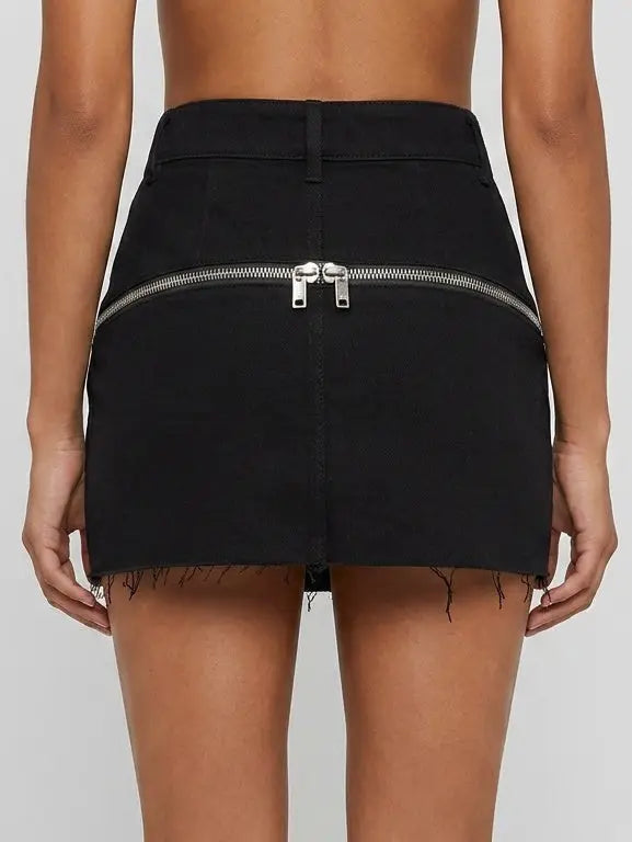 Black Wool Blend Frayed Zip Detail Mini Skirt - Skirts