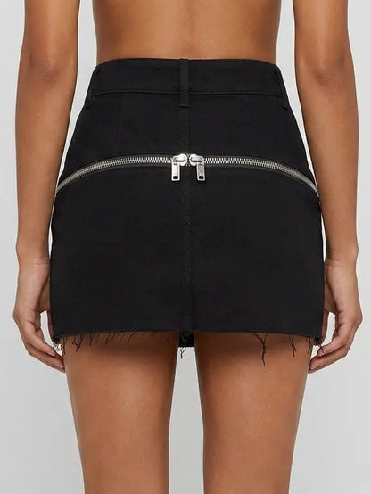 Black Wool Blend Frayed Zip Detail Mini Skirt - Skirts