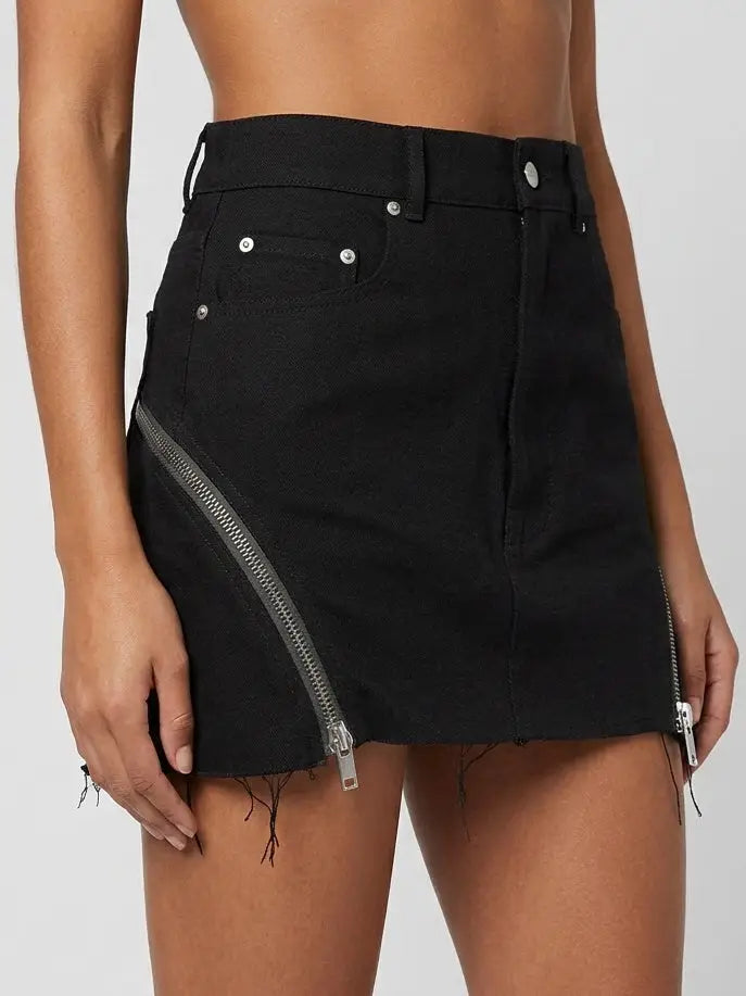Black Wool Blend Frayed Zip Detail Mini Skirt - Skirts