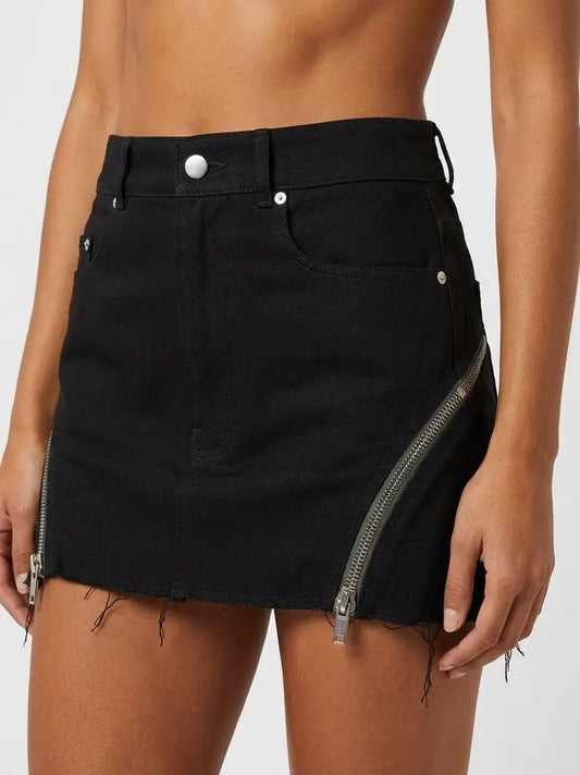 Black Wool Blend Frayed Zip Detail Mini Skirt - Skirts