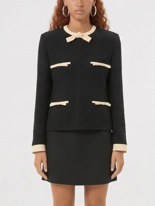 Black Wool Blend Jacket and Skirt Set with Trim - Suits & Sets