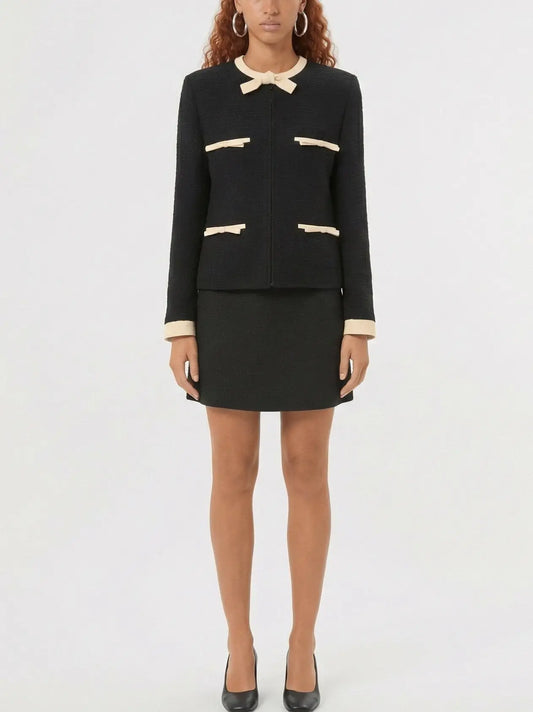 Black Wool Blend Jacket and Skirt Set with Trim - Small - Suits & Sets