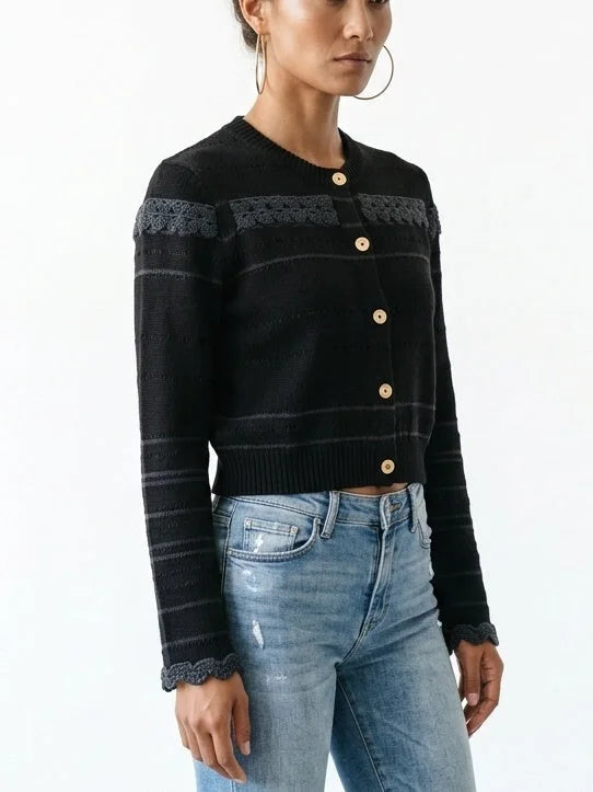 Black Wool Blend Lace Insert Cropped Cardigan - Sweaters & Knitwear