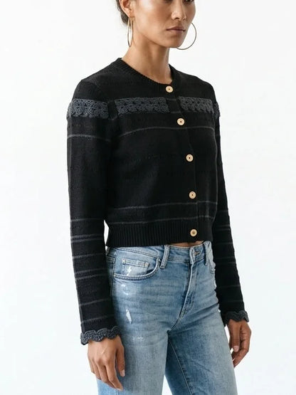 Black Wool Blend Lace Insert Cropped Cardigan - Sweaters & Knitwear