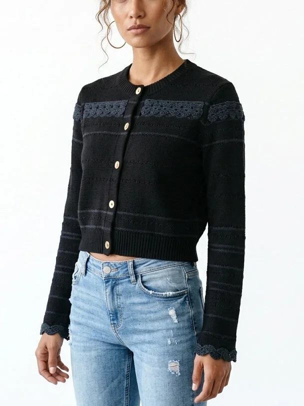 Black Wool Blend Lace Insert Cropped Cardigan - Sweaters & Knitwear