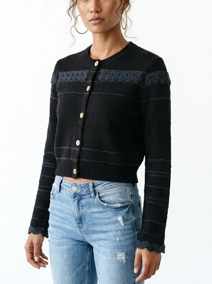Black Wool Blend Lace Insert Cropped Cardigan - Sweaters & Knitwear