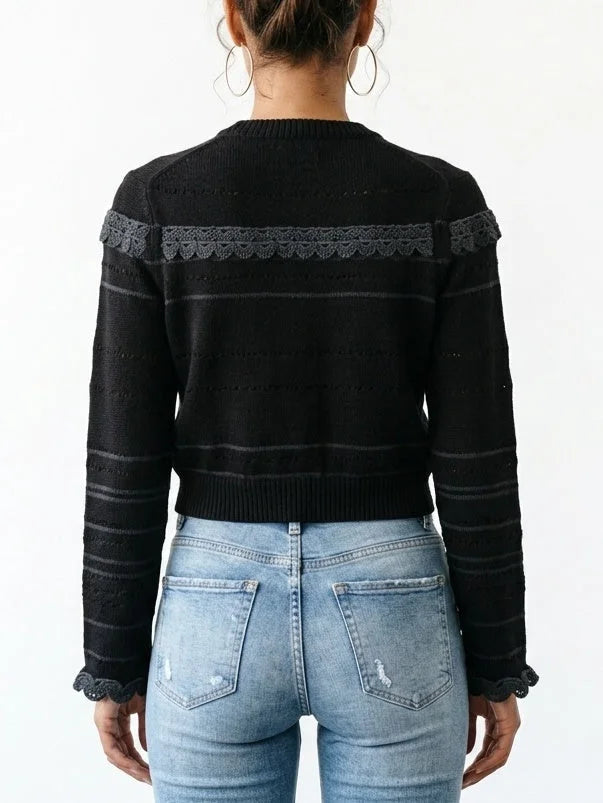 Black Wool Blend Lace Insert Cropped Cardigan - Sweaters & Knitwear