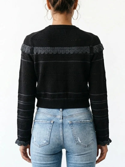 Black Wool Blend Lace Insert Cropped Cardigan - Sweaters & Knitwear