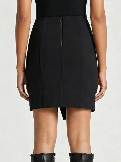 Black Wool Blend Mini Skirt with Gold Buckle - Skirts