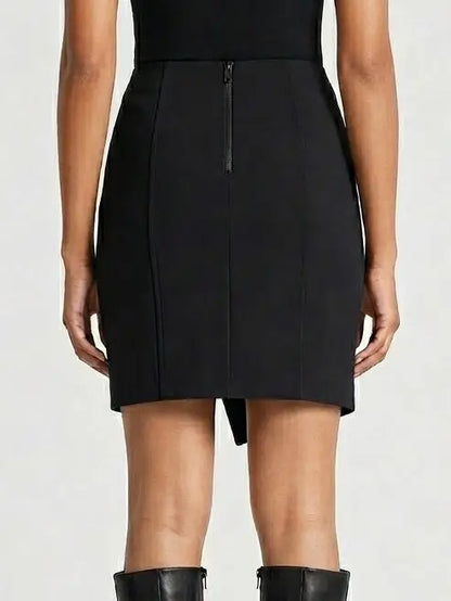 Black Wool Blend Mini Skirt with Gold Buckle - Skirts
