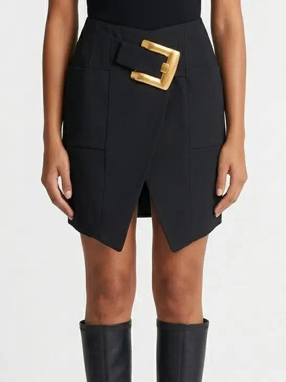 Black Wool Blend Mini Skirt with Gold Buckle - Skirts