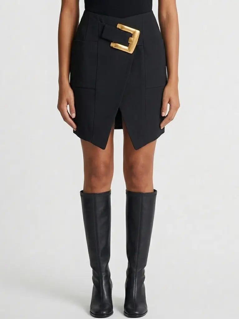 Black Wool Blend Mini Skirt with Gold Buckle - Skirts
