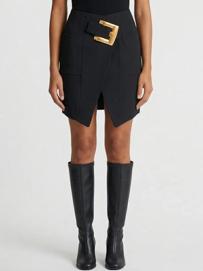 Black Wool Blend Mini Skirt with Gold Buckle - Skirts