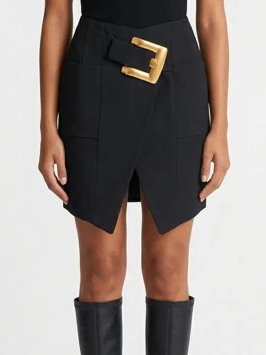 Black Wool Blend Mini Skirt with Gold Buckle - Small - Skirts