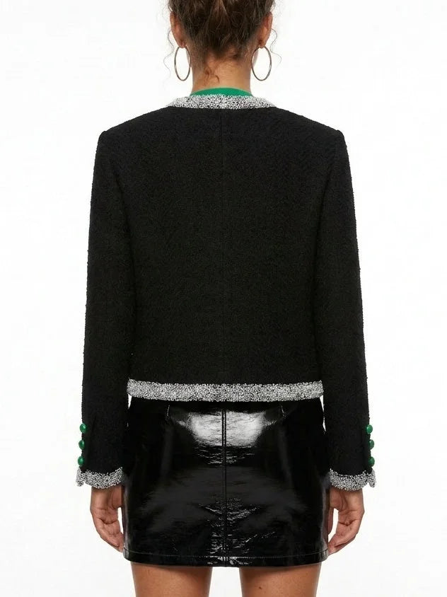 Black Wool Blend Tweed Jacket with Beaded Trim - Jackets