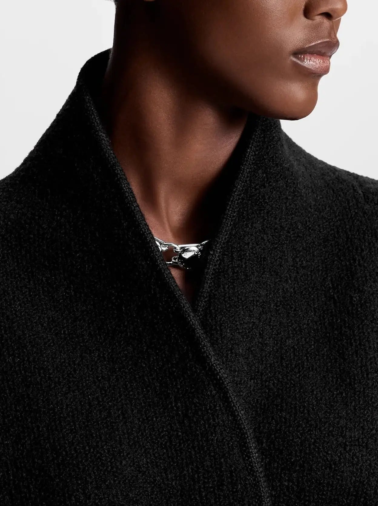 Black Wool Cardigan Jacket with Front Leather and Metal Clip Closure - Jackets