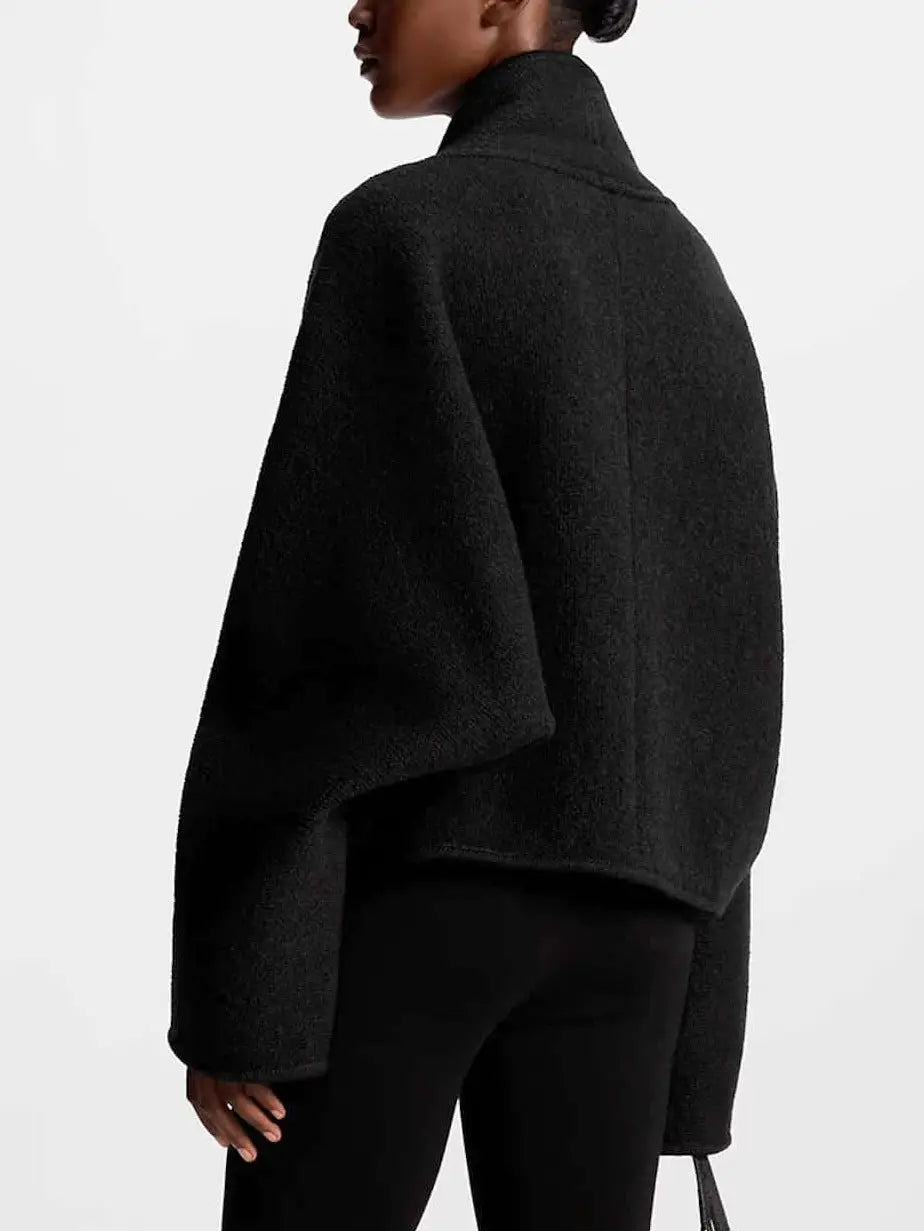 Black Wool Cardigan Jacket with Front Leather and Metal Clip Closure - Jackets