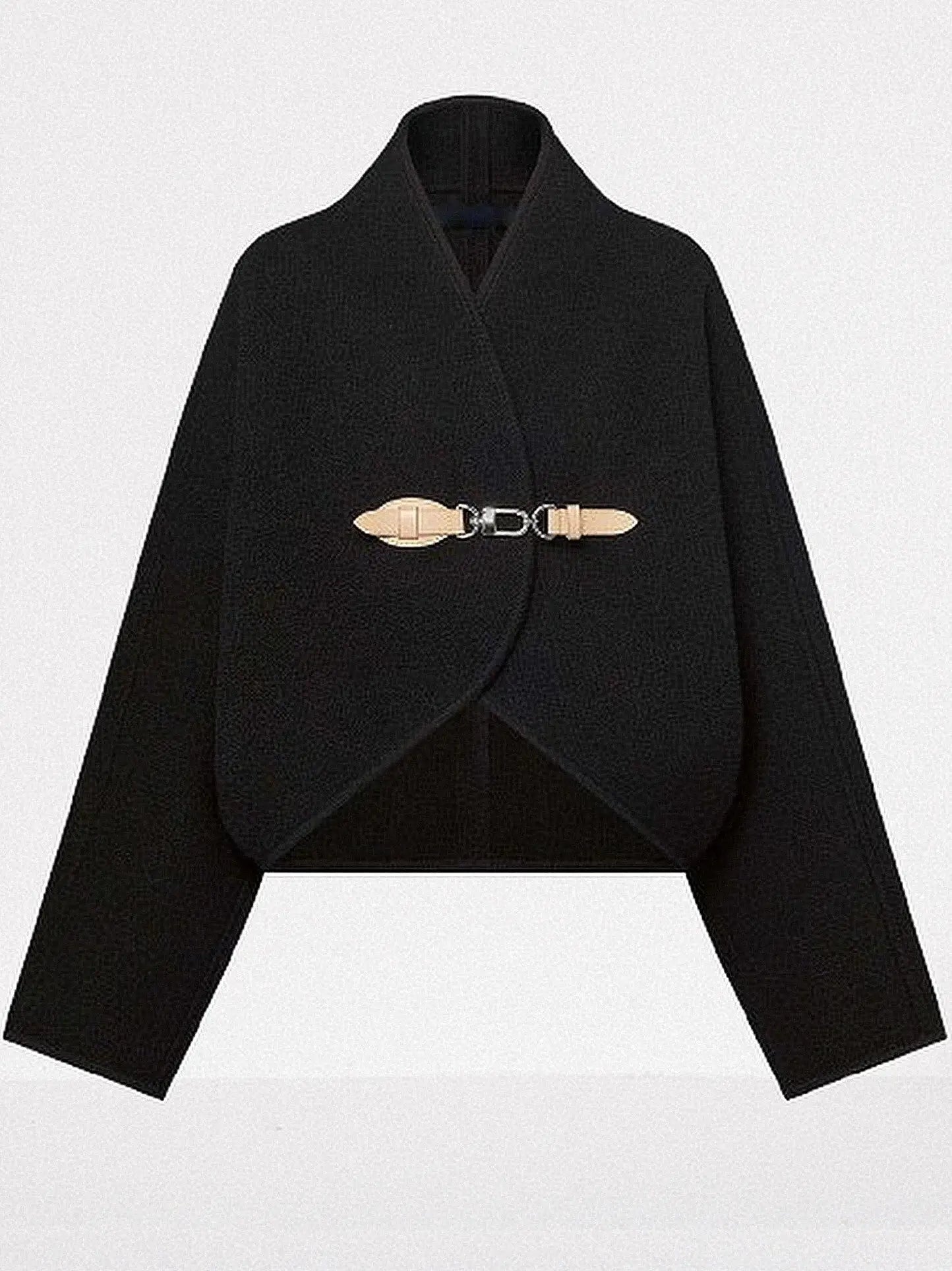Black Wool Cardigan Jacket with Front Leather and Metal Clip Closure - Jackets