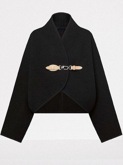 Black Wool Cardigan Jacket with Front Leather and Metal Clip Closure - Jackets
