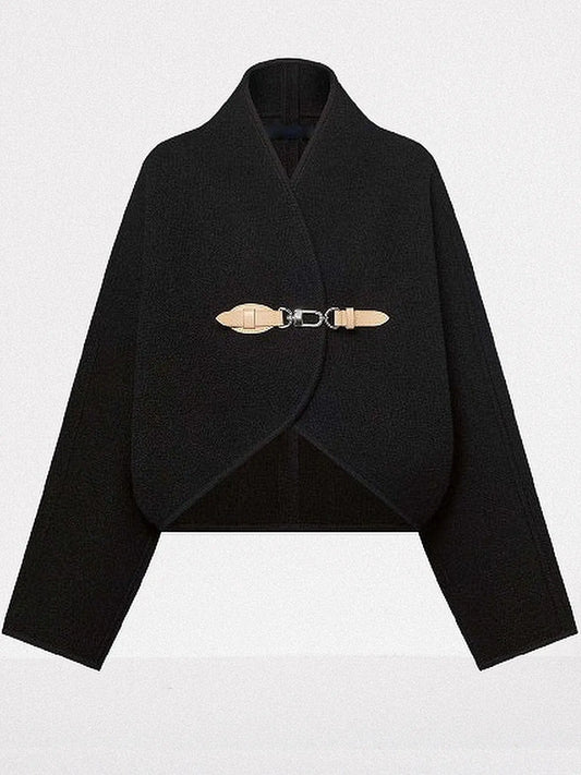 Black Wool Cardigan Jacket with Front Leather and Metal Clip Closure - Jackets