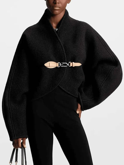 Black Wool Cardigan Jacket with Front Leather and Metal Clip Closure - Jackets