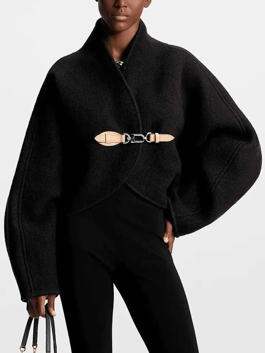 Black Wool Cardigan Jacket with Front Leather and Metal Clip Closure - Jackets