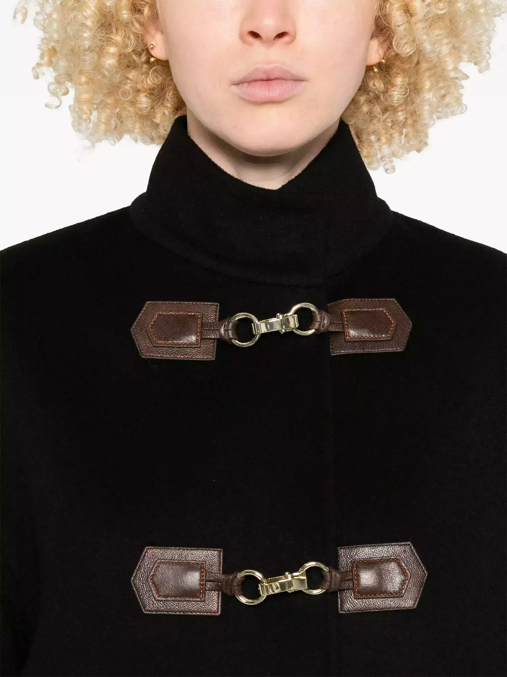 Black Wool Coat with Gold-Clasp Leather Tab Closures - Coats