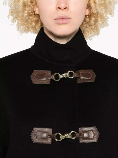 Black Wool Coat with Gold-Clasp Leather Tab Closures - Coats
