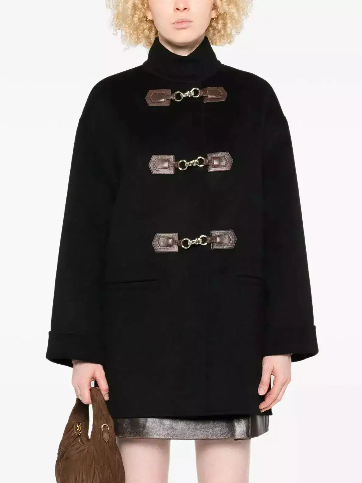 Black Wool Coat with Gold-Clasp Leather Tab Closures - Coats