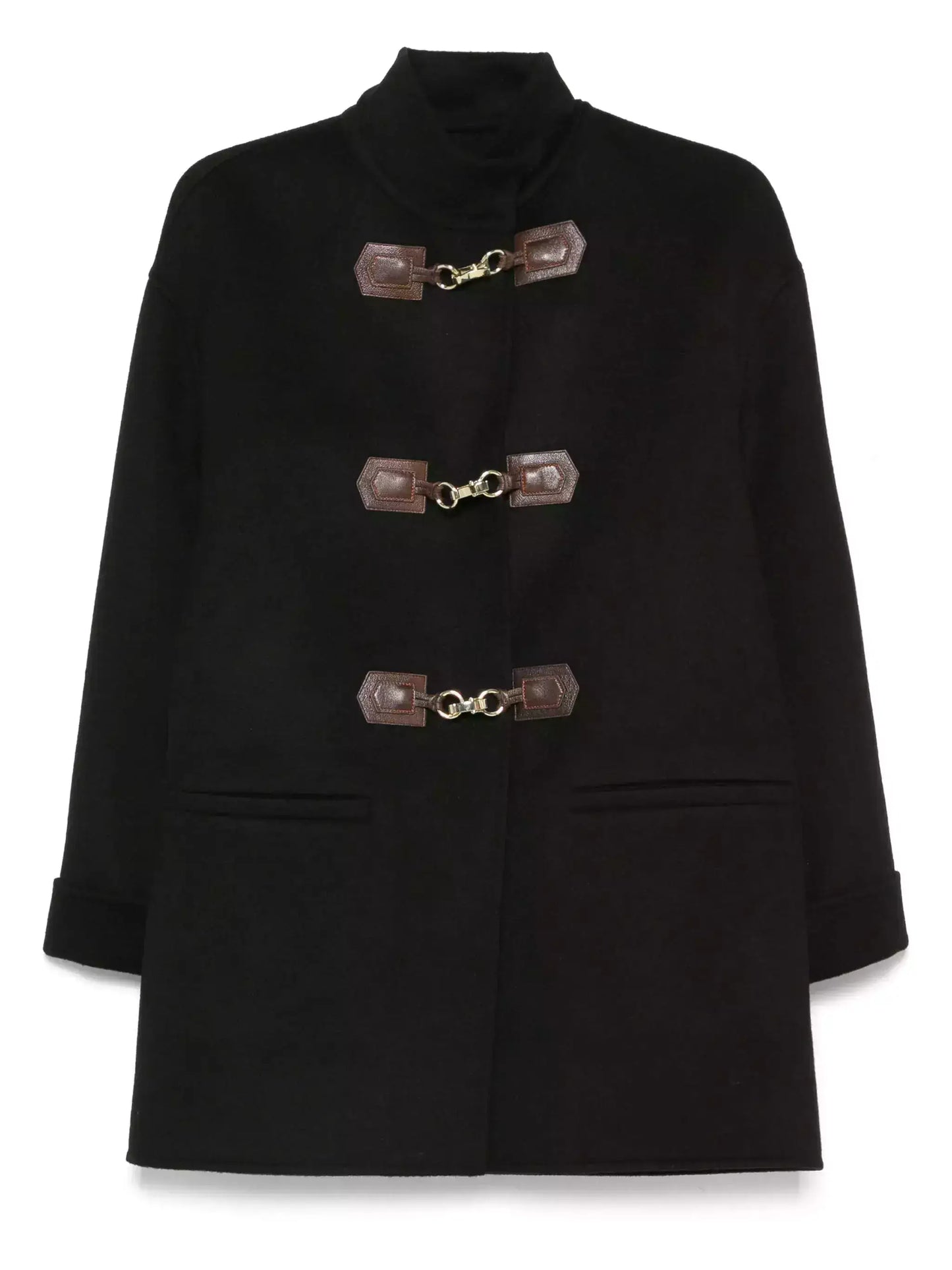Black Wool Coat with Gold-Clasp Leather Tab Closures - Coats