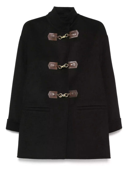 Black Wool Coat with Gold-Clasp Leather Tab Closures - Coats