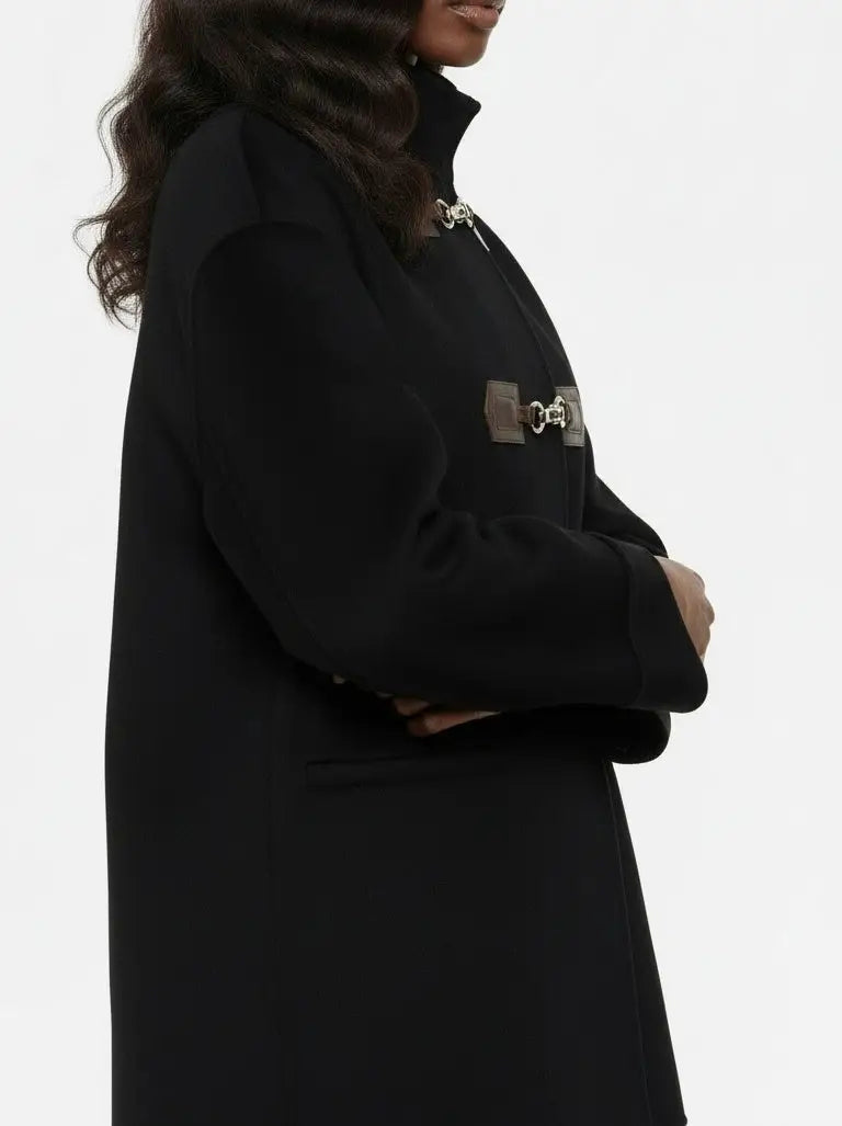 Black Wool Coat with Gold-Clasp Leather Tab Closures - Coats