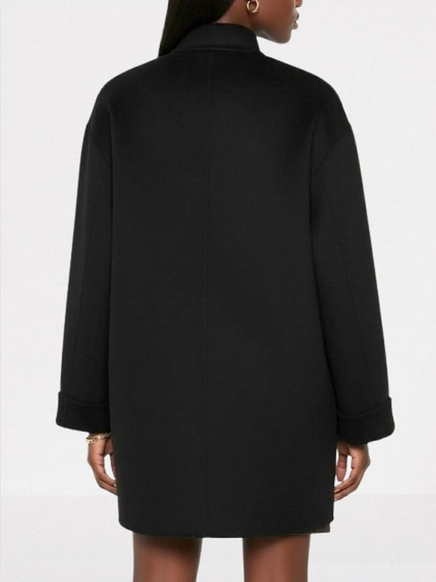 Black Wool Coat with Gold-Clasp Leather Tab Closures - Coats