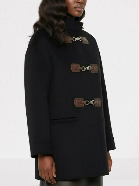 Black Wool Coat with Gold-Clasp Leather Tab Closures - Coats