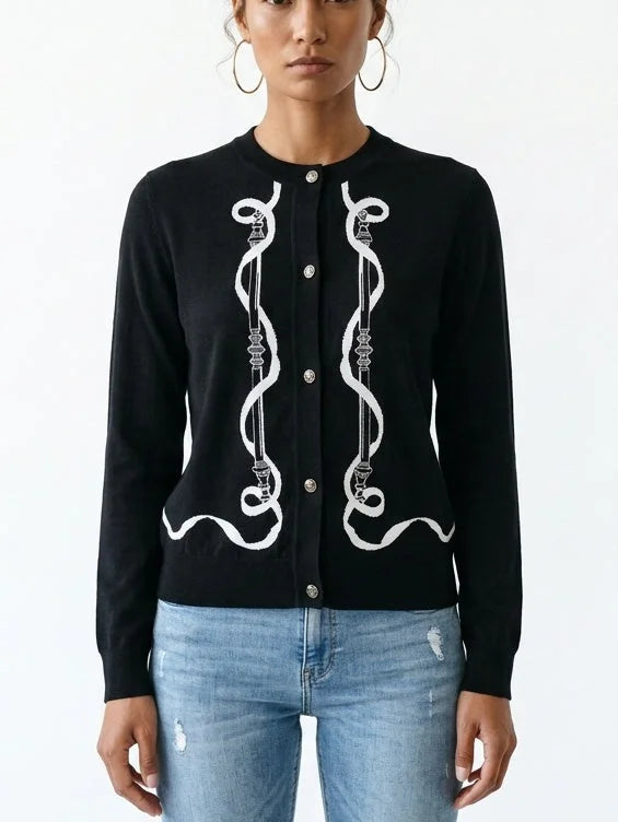 Black Wool Knit Equestrian Print Cardigan - Sweaters & Knitwear