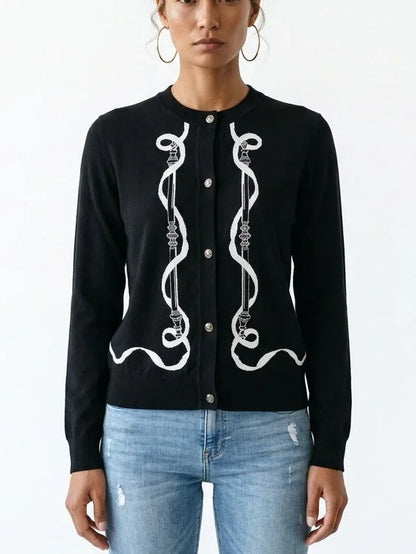 Black Wool Knit Equestrian Print Cardigan - Sweaters & Knitwear