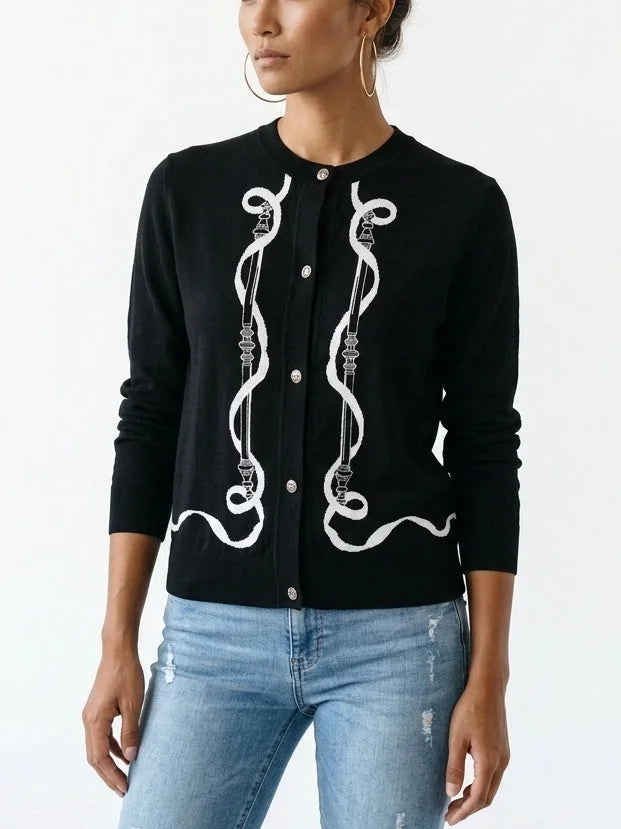 Black Wool Knit Equestrian Print Cardigan - Sweaters & Knitwear