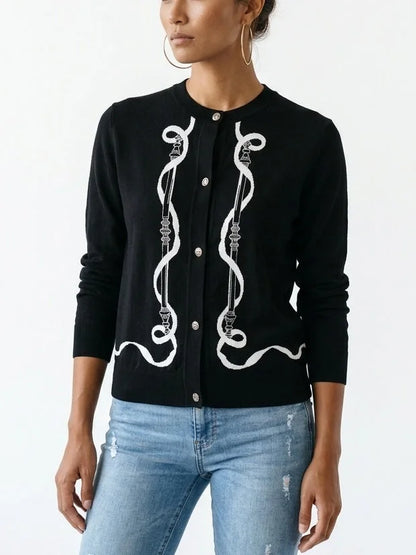 Black Wool Knit Equestrian Print Cardigan - Sweaters & Knitwear