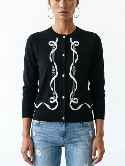 Black Wool Knit Equestrian Print Cardigan - Sweaters & Knitwear