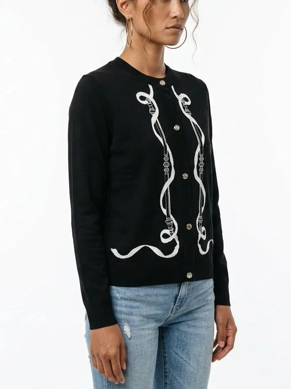 Black Wool Knit Equestrian Print Cardigan - Sweaters & Knitwear