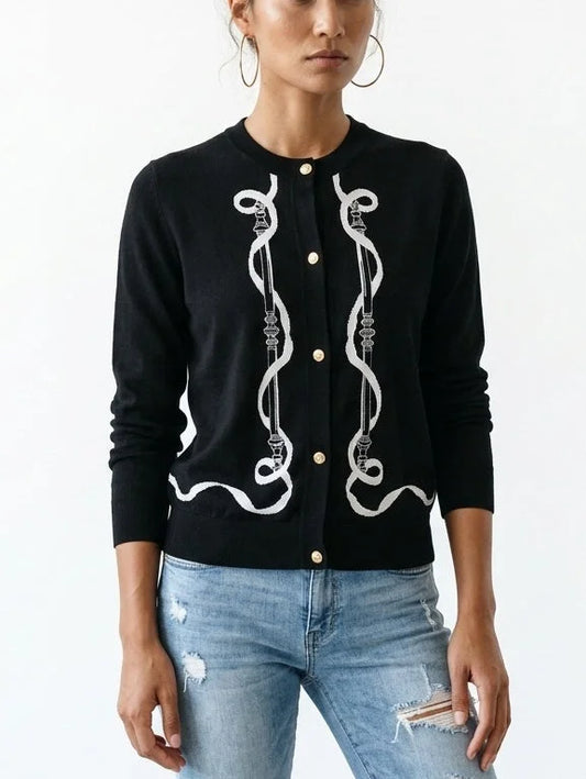 Black Wool Knit Equestrian Print Cardigan - Sweaters & Knitwear