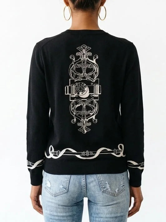 Black Wool Knit Equestrian Print Cardigan - Sweaters & Knitwear