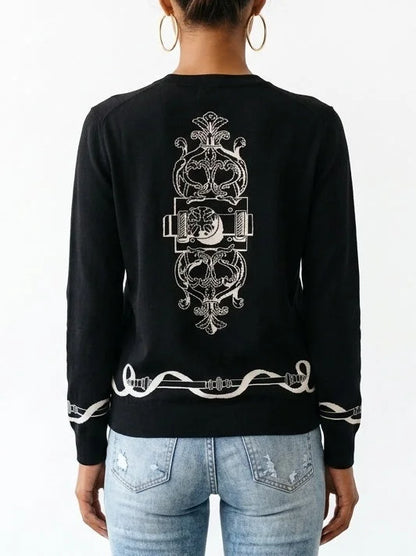 Black Wool Knit Equestrian Print Cardigan - Sweaters & Knitwear