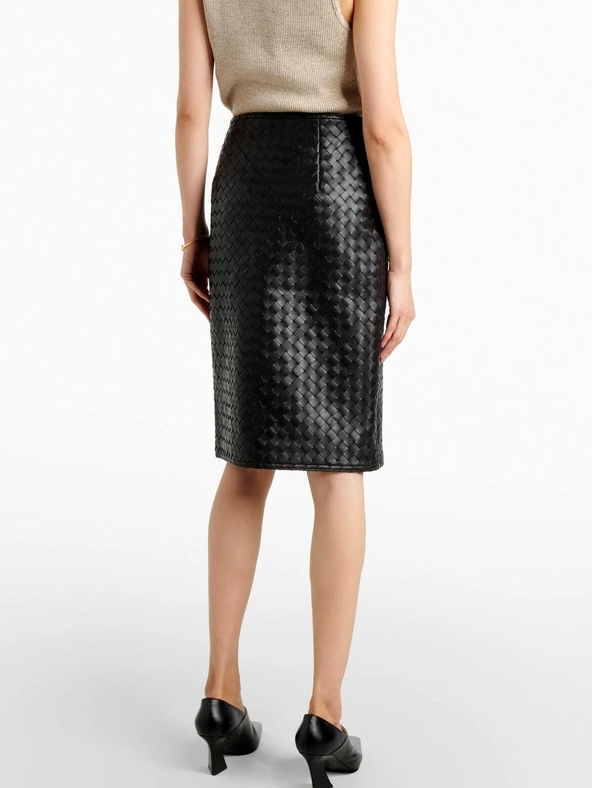 Black Woven Leather Knee-Length Skirt - Skirts